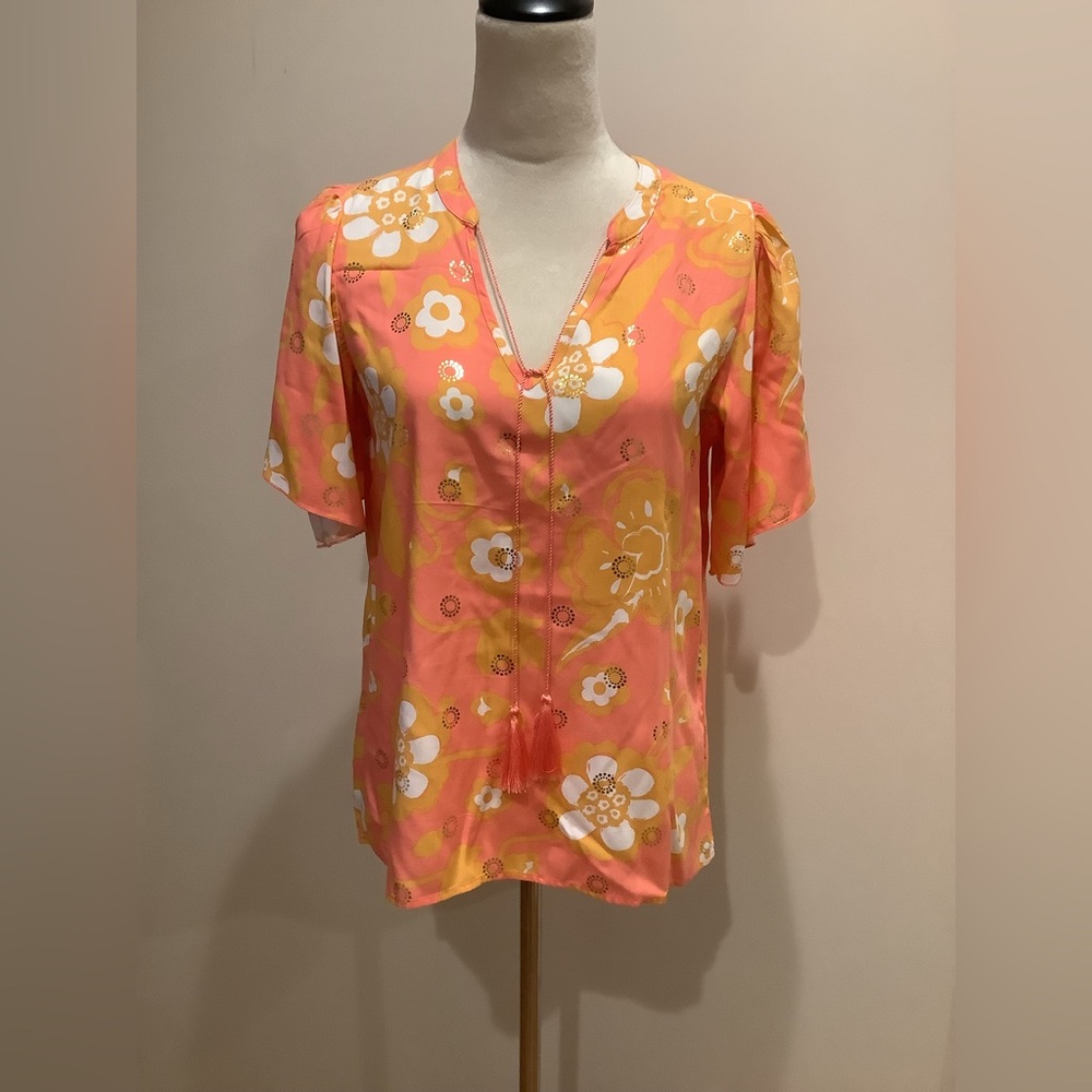 Alex & Parker Floral Shine orange and Yellow Short Sleeve Top Size S, NWT